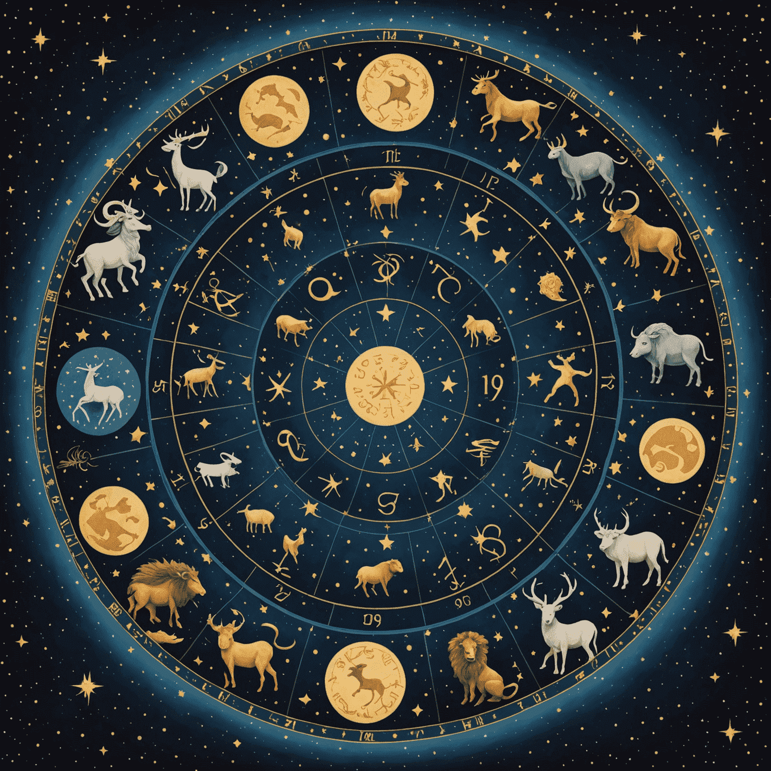 Obraz przedstawiający różne znaki zodiaku ułożone w kole na tle nocnego nieba z gwiazdami