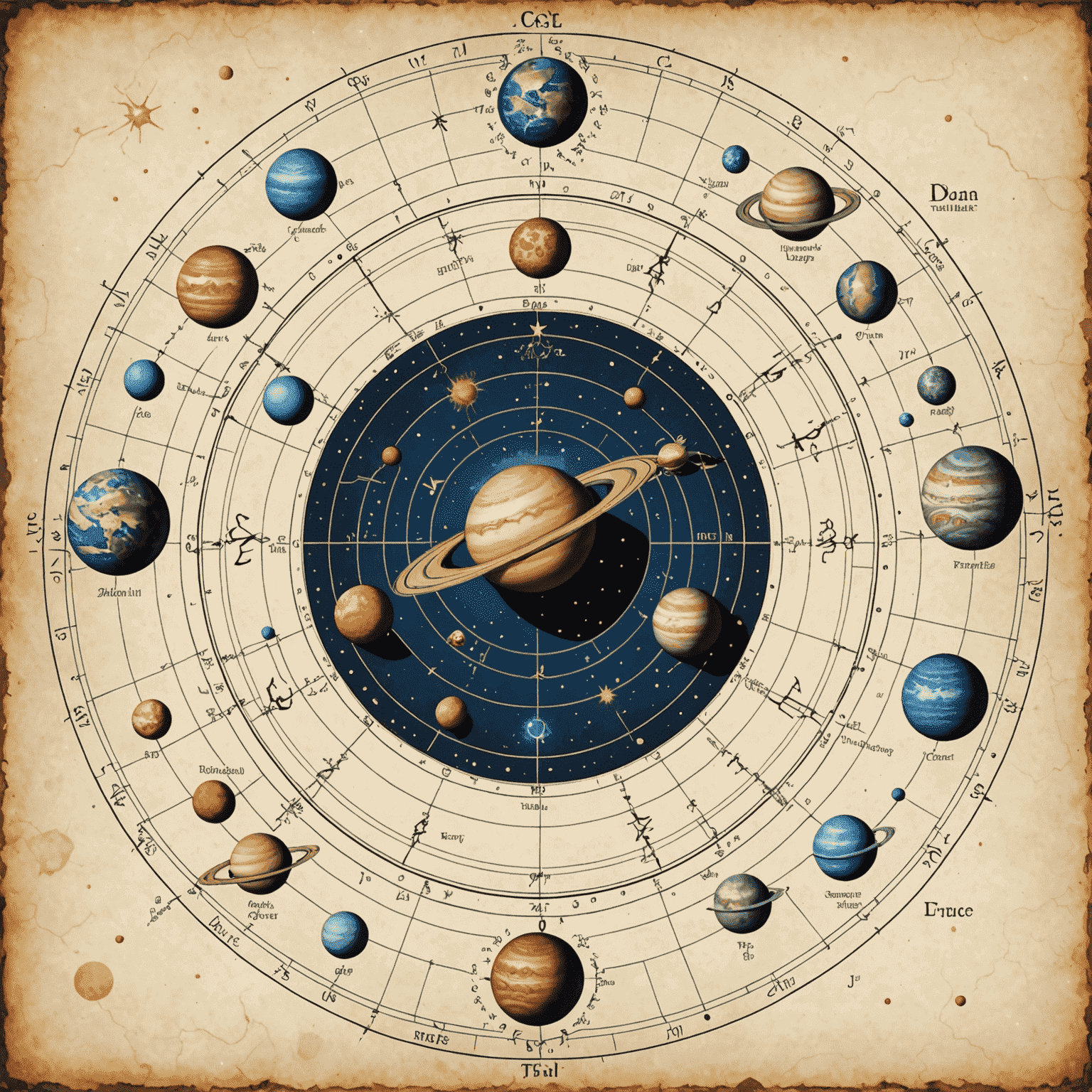 Układ planet w horoskopie, z liniami łączącymi je w konstelacje